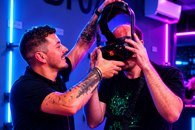 Un membre de l'équipe Virtual Arena ajuste le casque VR d'un client dans une salle aux néons bleus et roses