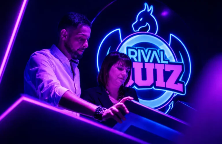 Un animateur Virtual Arena aide une joueuse sur le pupitre du jeu Rival Quiz aux néons violets