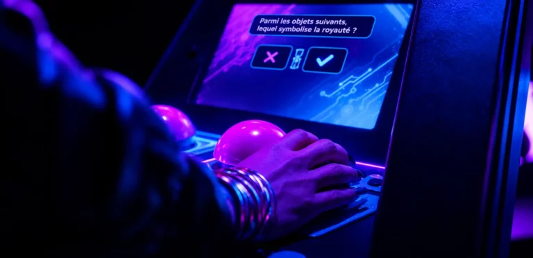 Main appuyant sur un bouton lumineux rose du pupitre du jeu Rival Quiz pour valider une réponse