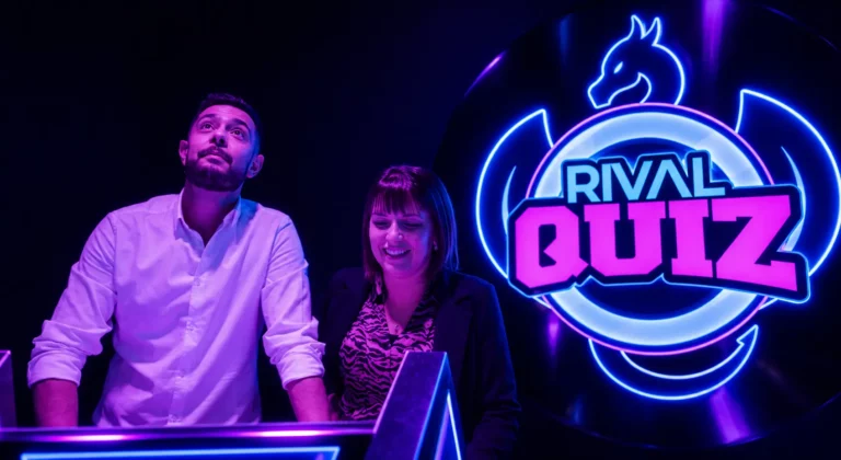 Deux joueurs souriants derrière leur pupitre lors d'une partie de Rival Quiz aux néons bleus et roses