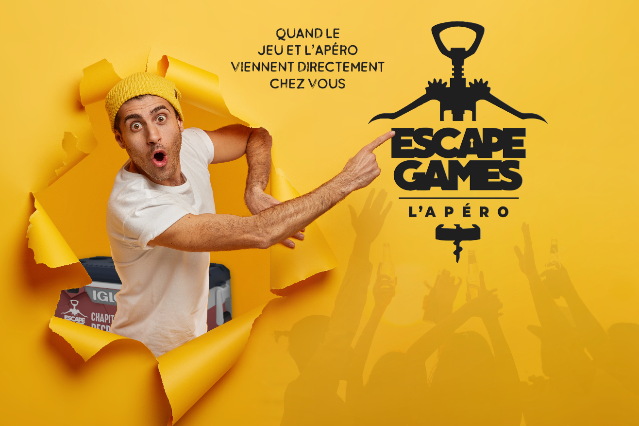 Affiche "Escape Games L'Apéro" : homme surpris émergeant d'un papier déchiré jaune, logo tire-bouchon