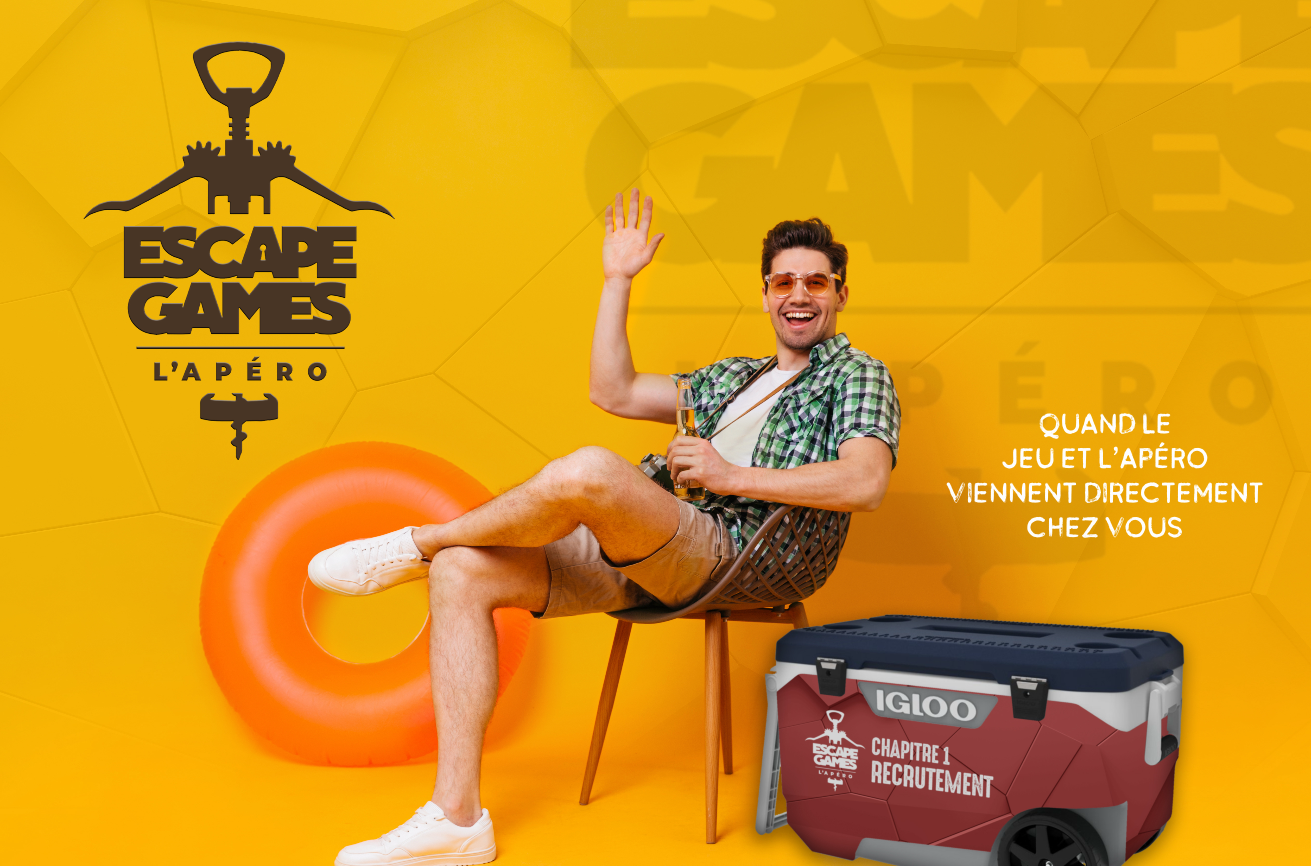 Affiche "Escape Games L'Apéro" : homme détendu sur une chaise avec une bière, glacière de jeu à ses côtés